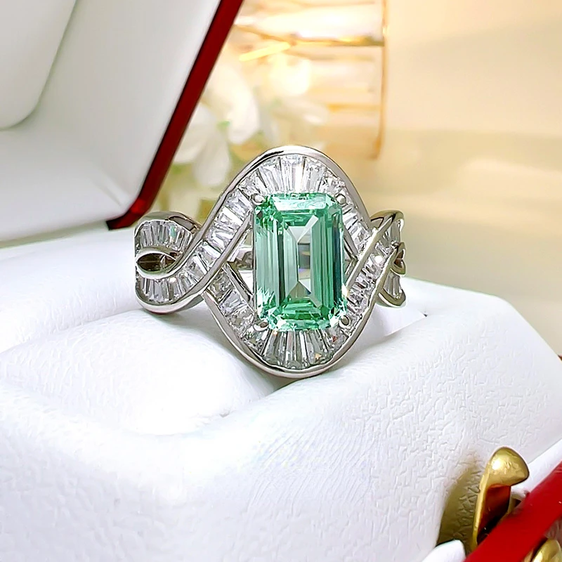 Artificial Palaiba Green Tourmaline Ring Emerald Cut Rock Sugar Rectangular T Square Diamond 925 Silver High Carbon