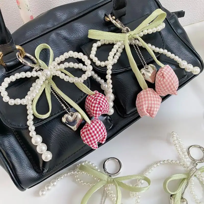 1 قطعة شبكة اللؤلؤ القوس توليب حقيبة سلسلة مفاتيح قلادة سحرية مع الشريط مجوهرات للنساء سلسلة مفاتيح DIY بها بنفسك الديكور