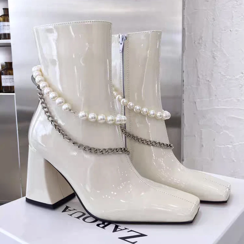 

2025 New Luxury Chunky High Heel Square Toe Pearl Chain Boots Ladies Patent Leather Knee High Boots Stylish Women Shoes