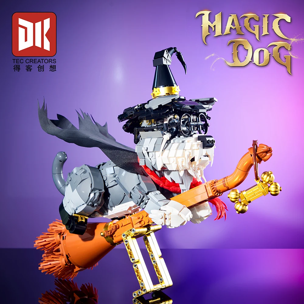 Deke 7057 Fantasy World Magic Dog Schnauzer Creative Animal Model Lighting Magic Broom Ornaments Building Blocks Toys