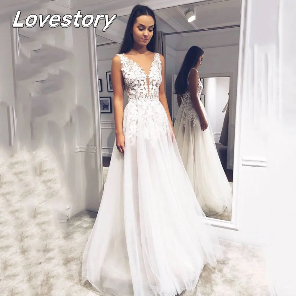 

New Gorgeous A-Line Wedding Dresses Sleeveless Bridal Gowns Sexy V-Neck Lace Bride Robes Backless Appliques Vestidos De Novia