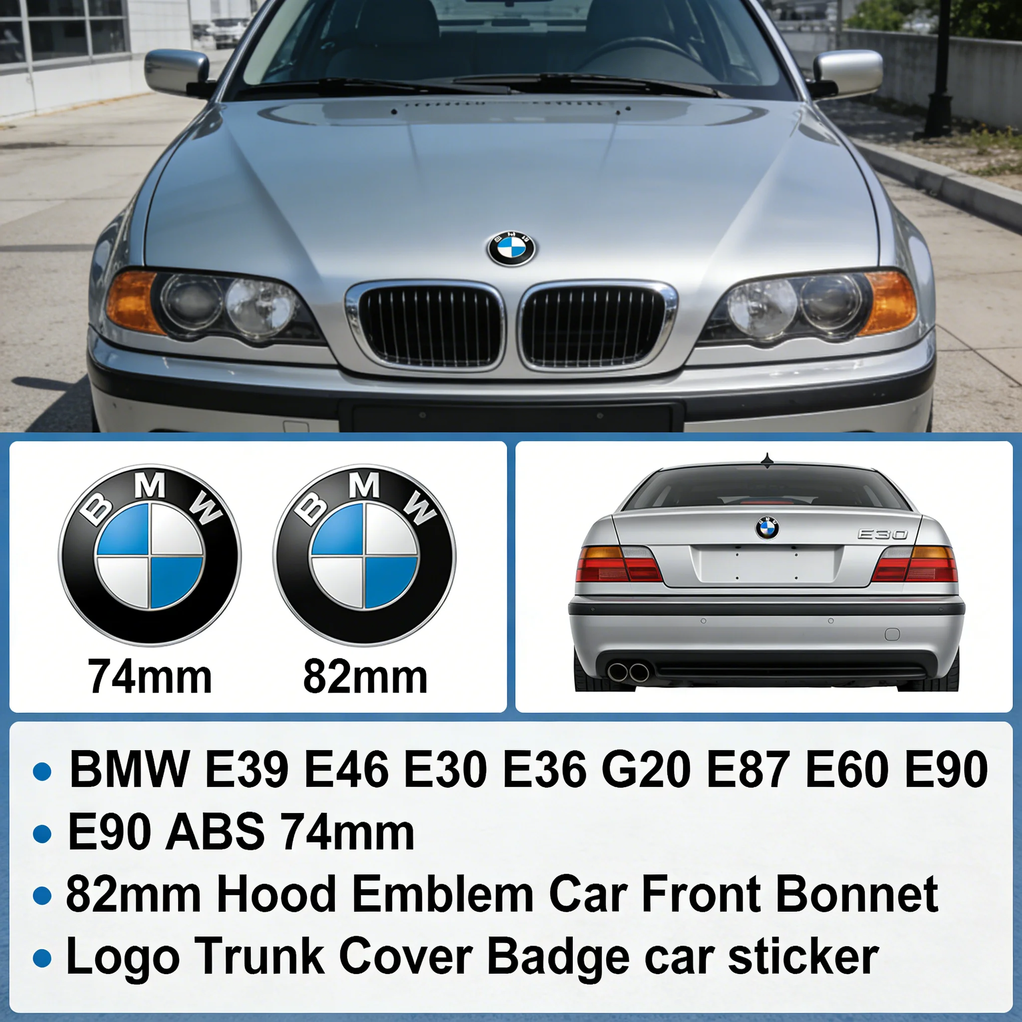 

74mm 82mm ABS BMW Hood Emblem Front Bonnet Logo Trunk Cover Badge Car Sticker Replacement For E30 E36 E39 E46 E60 E87 E90 G20