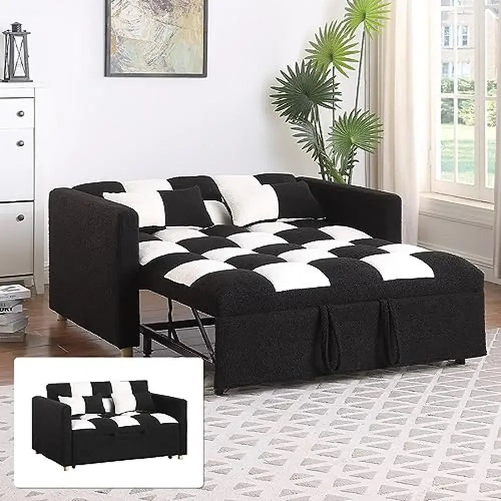 

3-in-1 Convertible Sleeper Chair Bed Reclining Back Teddy Fabric Loveseat Sofa Pull Out Sofabed Modern Design Easy Assembly