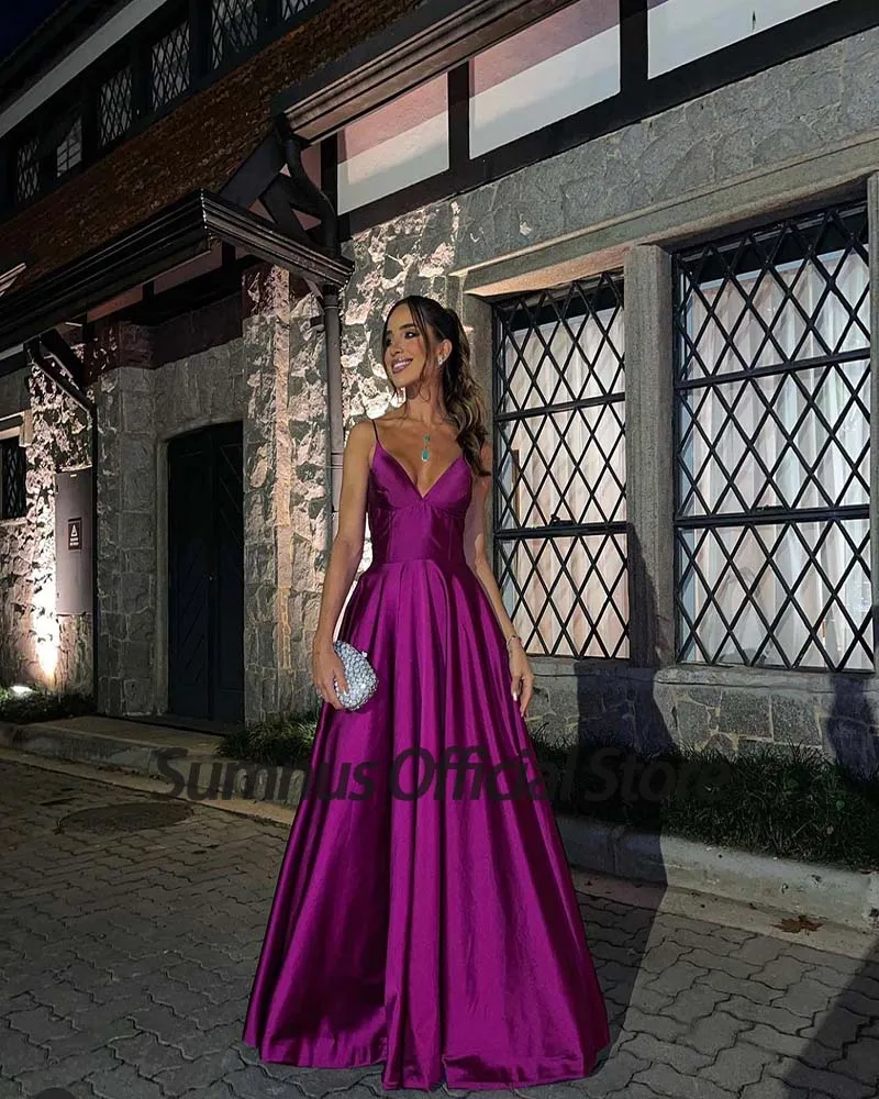 Sumnus Paars Prom Dress Spaghettibandjes V-hals Satin Party Wear Sexy Backless Avond Party Gown Floor Lengte Vrouwen Jassen