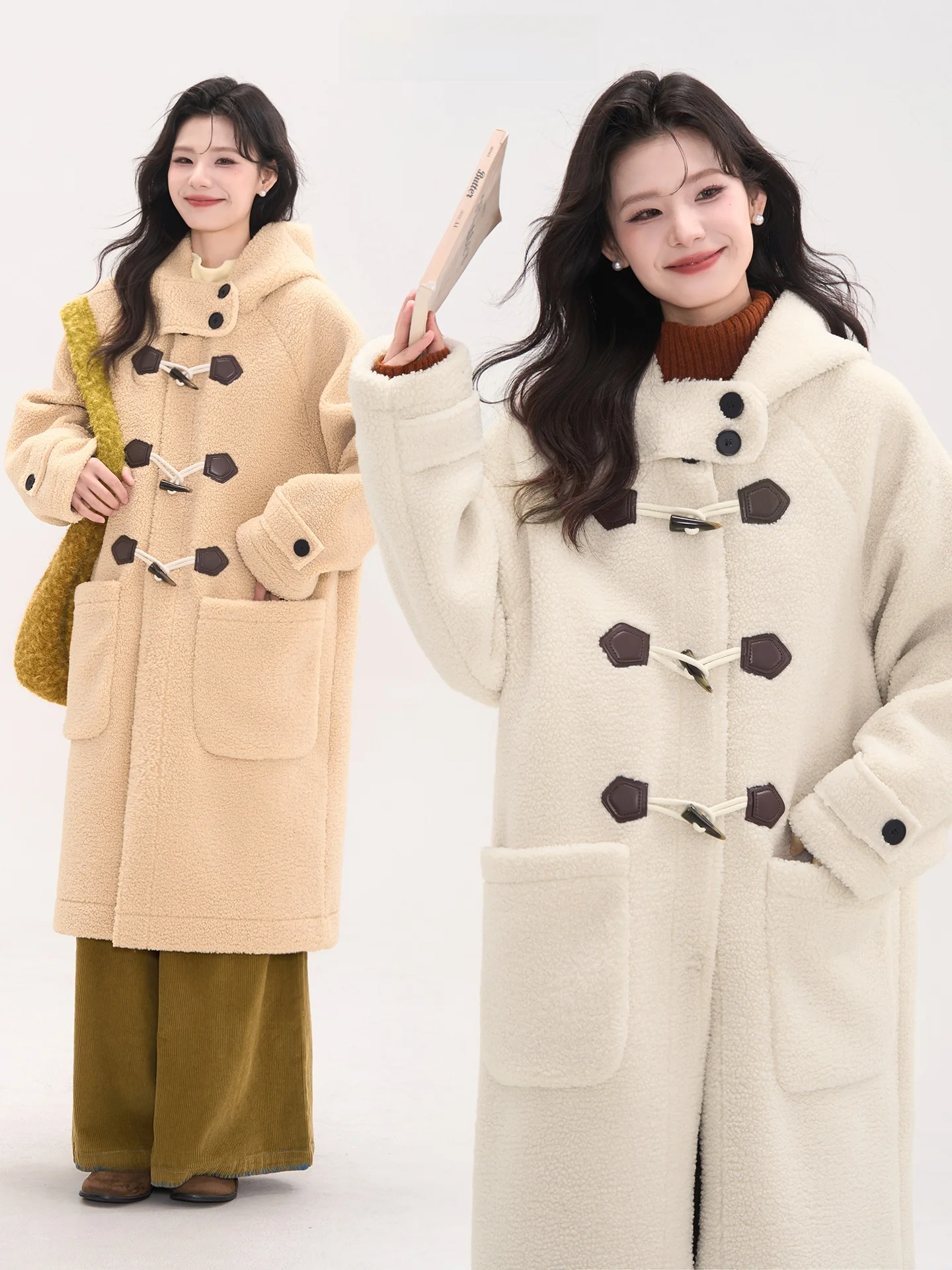 

Корейское длинное пальто с капюшоном, теплое, с милыми пуговицами, из полиэфирного волокна, зимняя куртка для молодых женщин