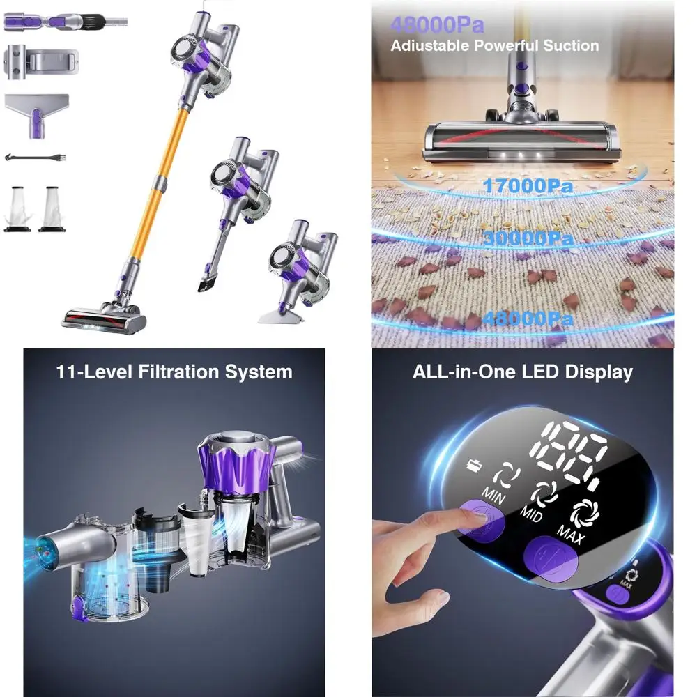 

Мощный вертикальный пылесос 450 Вт, сила всасывания 50 кПа, 70 минут работы от аккумулятора, идеально подходит для твердых полов и ковров, удаление шерсти животных