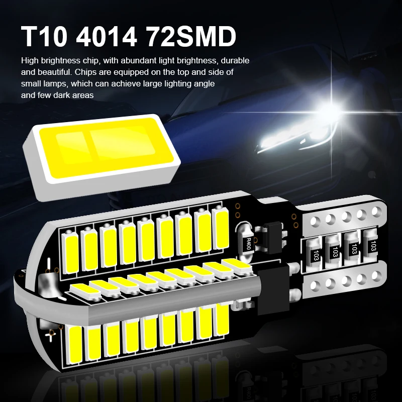 2pcs T10 W5W Car Led Light Canbus No Error 4014 72SMD For Auto Interior Accessories Lamp Tail Reverse Bulb 6000K Stop Lamp 12V