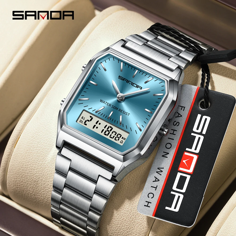 SANDA 747 Luxurious Top Artistic Style Watch Stainless Steel Women LED Digital Dual Display Unisex Waterproof Sport Quartz Watch