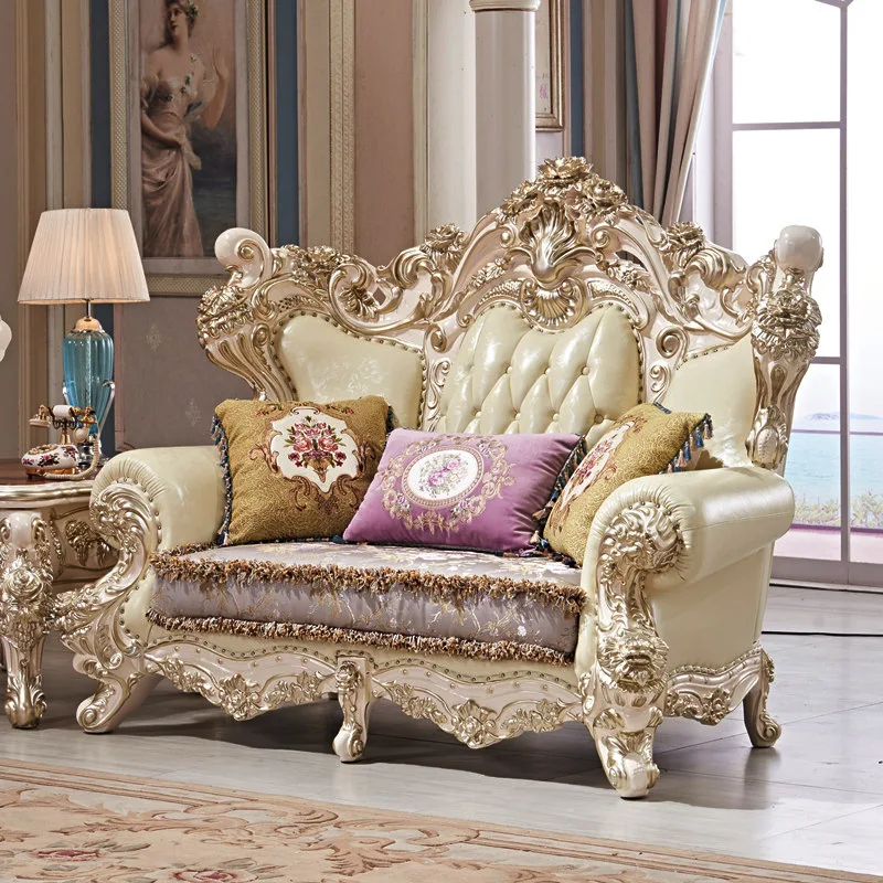 European-style Leather Sofa Villa Oversized Solid Wood Club Living Room Furniture Ivory White Drawing Gold Cowhide 123 Sofas