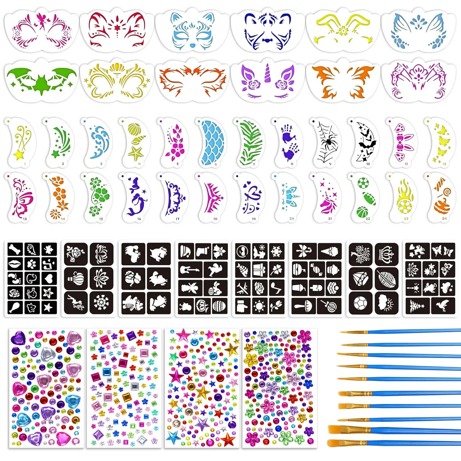 58PCS Face Painting Kit,36 Reusable Facial Painting Stencils, 8 Sheets Tattoo Templates Stickers, 4 Gem Stickers, 10 Brushes