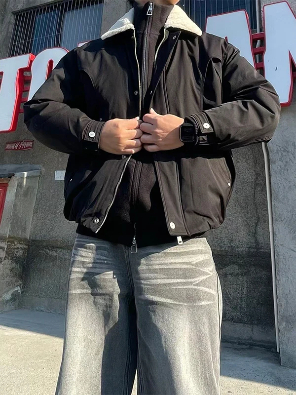 

TANGZ STUDIO Men's Warmth Du down Jaet Lamb Fur Collar Casual Turn-down Collar Coat Thiened Long Sve Zipper Closure