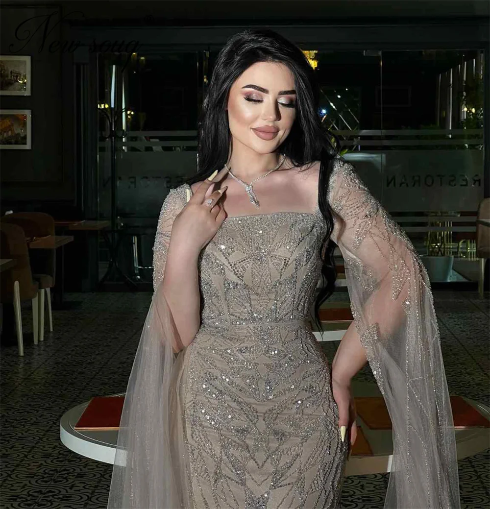 

Elegant Champagne Sequins Prom Dresses Customized Cape Sleeves Formal Mermaid Evening Dress Arabic Beaded Wedding Party Gowns