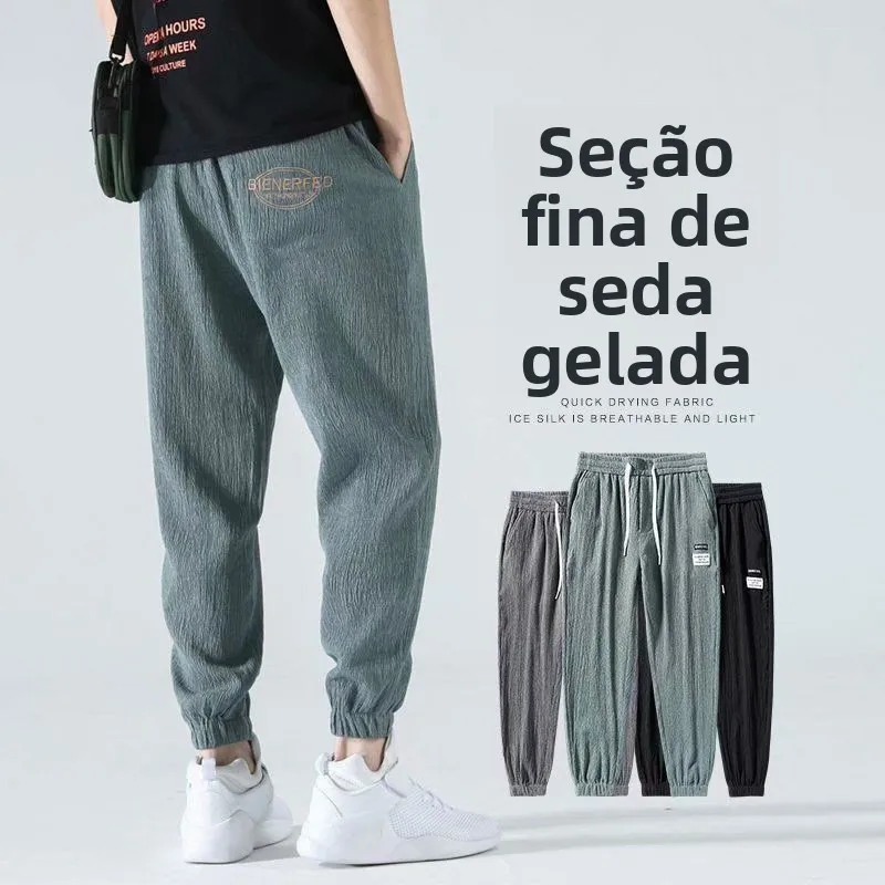 Calças Esportivas Masculinas de Verão em Seda Gelada, Finas, Soltas, com Punho, Comprimento 7/8, Casuais, Modernas, de Cintur...
