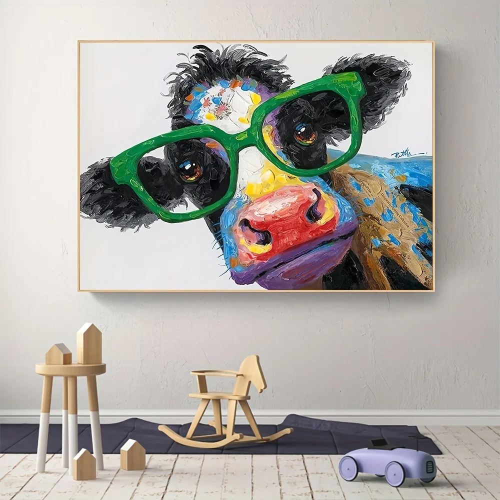 1pc frameless 1pc Colorful Graffiti Cow with Large Green Glasses Canvas Painting Wall Art Poster Farm Animal Kids Room Home Deco - view 6