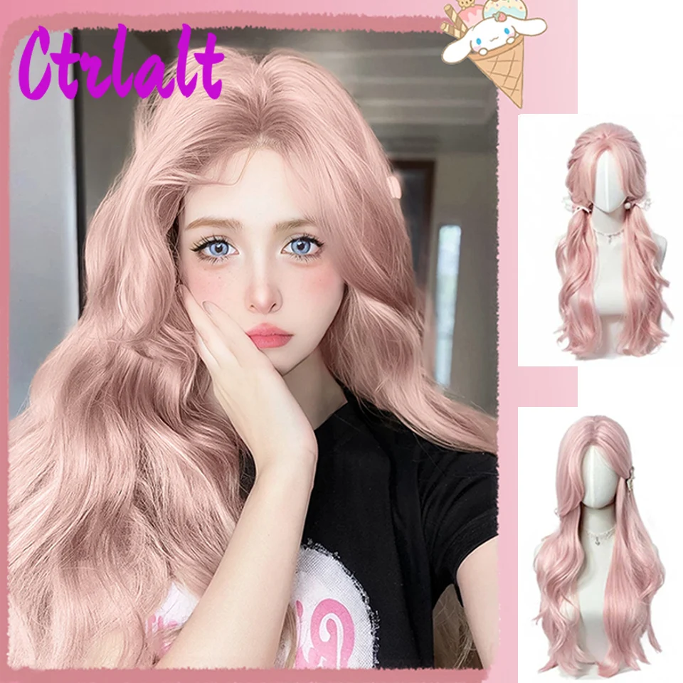 Parrucche sintetiche lunghe per cosplay rosa con onda del corpo Parrucche resistenti al calore Parte centrale Parrucche Lolita naturali per le donne