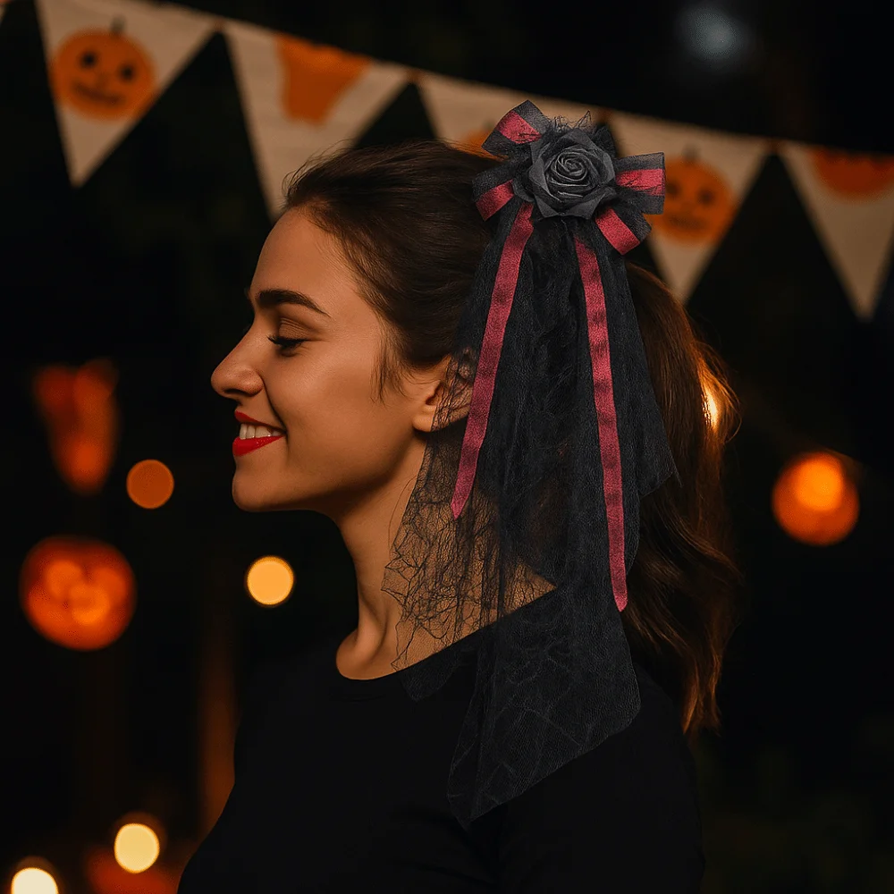 Przenośne, przewiewne spinki do włosów na Halloween, wygodne i modne akcesoria do włosów, eleganckie czarne opaski z pomponami.