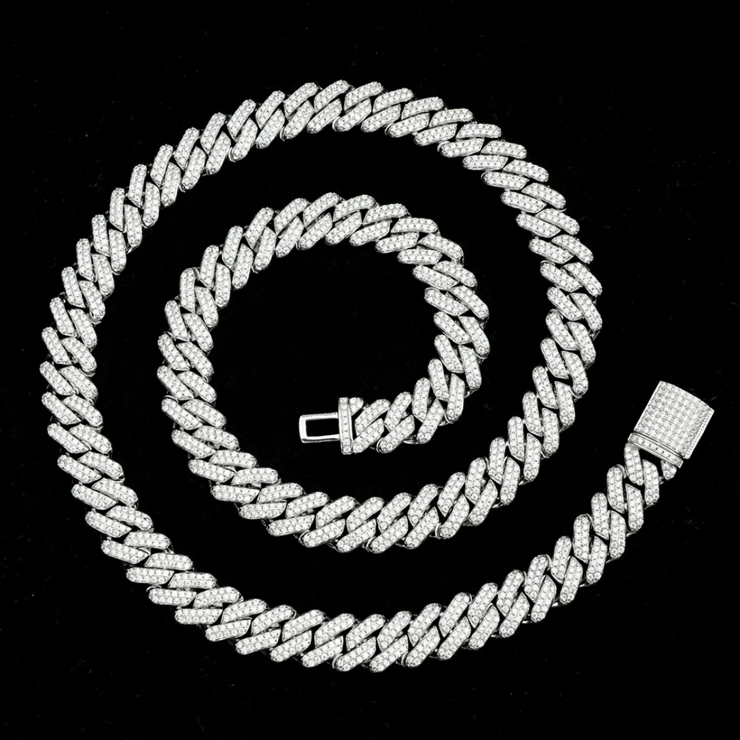 Jewelry Fine Third Party Certified Moissanite Necklace 925 Sterling Silver 12mm Width White/Yellow Gold Plated Cuban Link Cha