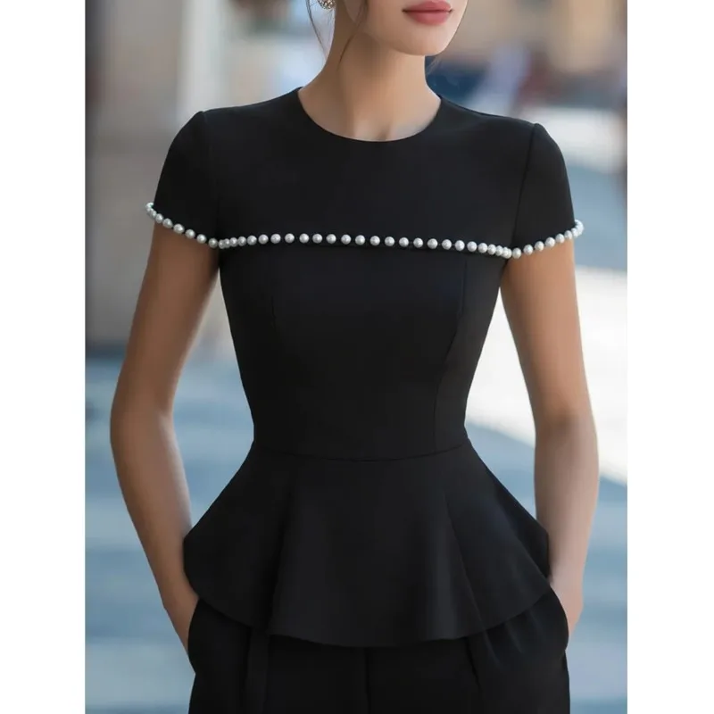 Elegant Evening Women Blouses Round Neck Short Sleeves Pearls A Line Party Gown Shirt Office Work Shirt Top Blusas Mujer De Moda