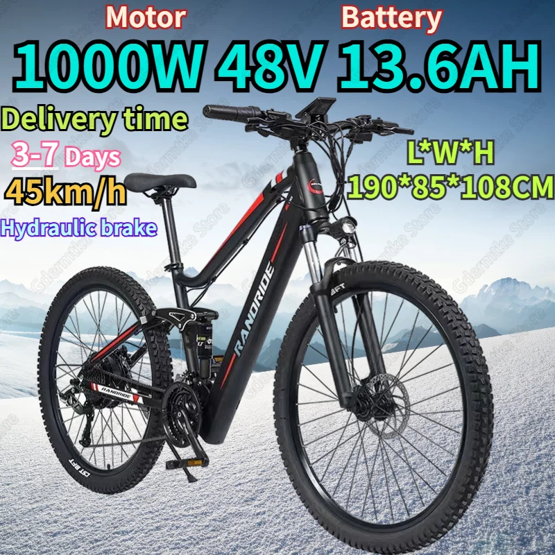 Electric Bike 1000W Motor 48V13.6AH Hidden Battery Hydraulic Brake E Bike 26-inch Fat Tire Mountain All Terrain Electric Bicycle