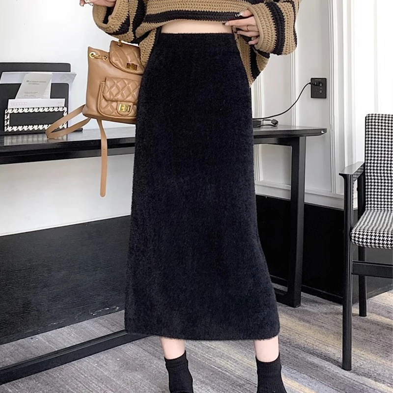 Imitation Mink Fur Knitted Skirt Women's Winter Long Skirt Korean Version Slim A-line Skirt Soft Warm Thickened Knitted Skirt