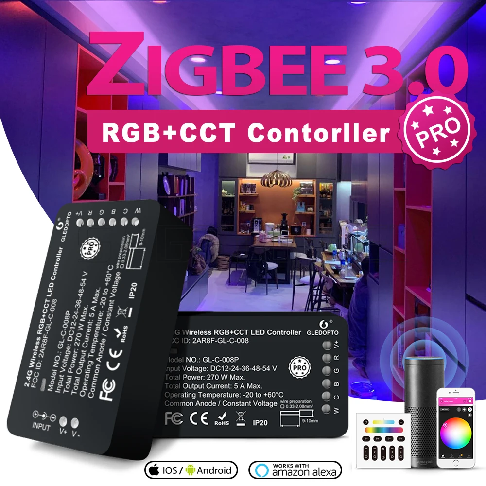 Smart LED Strip Zigbee 3.0 Controller GLEDOPTO RGBCCT Pro Compatible with Hub Tuya SmartThings App 2.4G RF Remote Control Voice