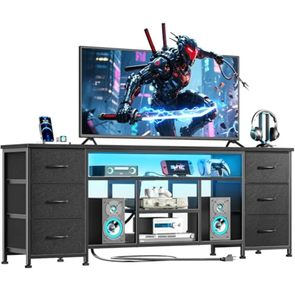 LED TV Stand for 65, 70 Inch TV, 63 Inch Entertainment Center with Power Outlets, 6 Fabric Drawers Dresser for Bedroom