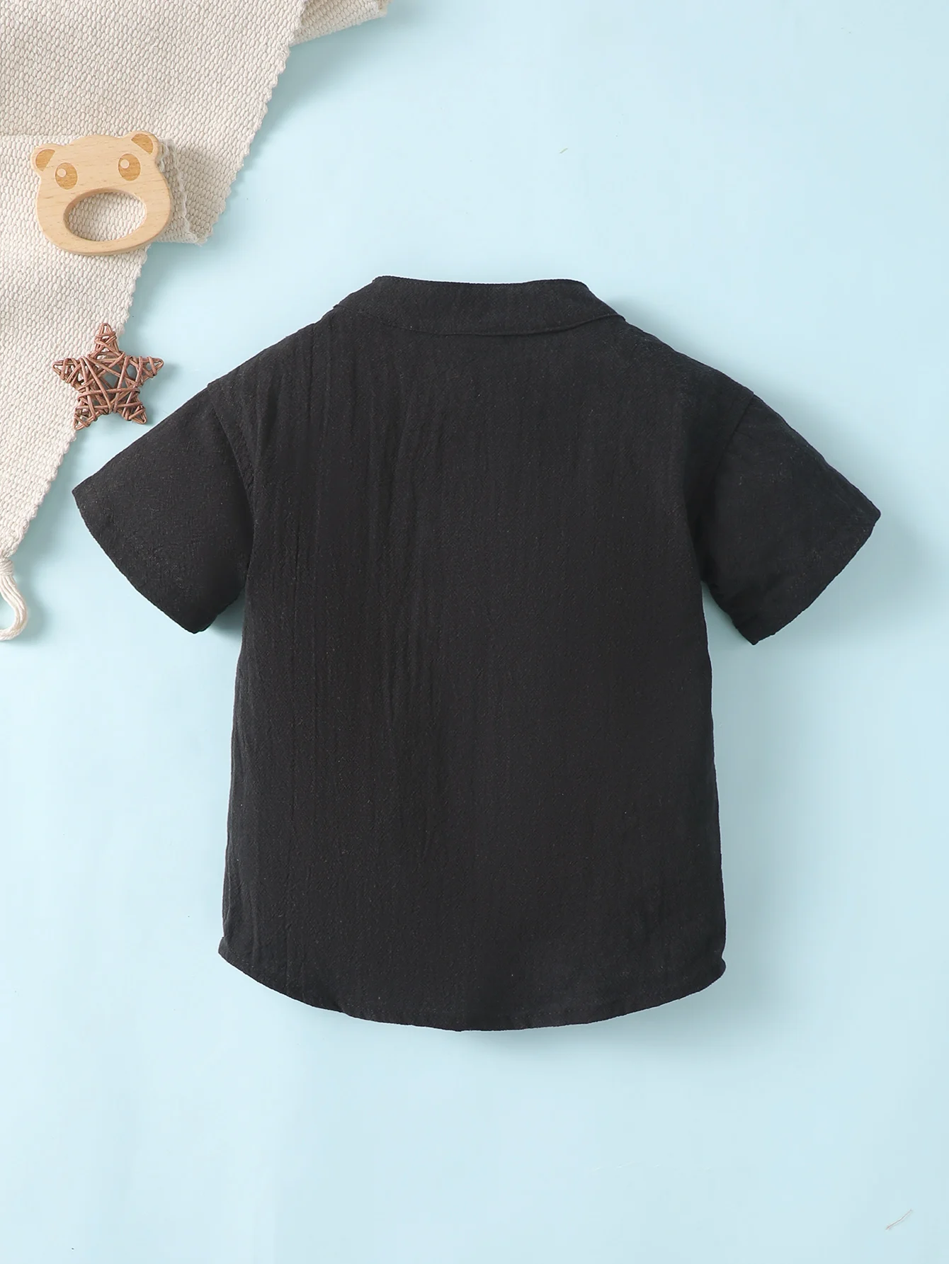 Baby Boy Small Stand Collar T-Shirt Fashion All-Match Short-Sleeved Pocket Boy Baby Anti-Dirty Pure Black Top Daily Wind