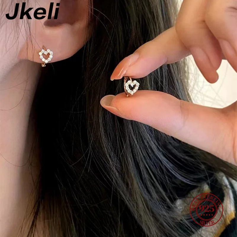 Jkeli 925 Sterling Silver 14k Gold Hollow Heart Zircon Small Ring Earrings For Women Piercing Jewelry Money 925