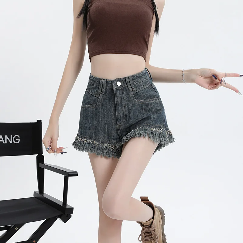 

Джинсовые шорты с высокой талией и трехмерным дизайном с бахромой в стиле ретро. Летние модные повседневные джинсовые шорты для женщин