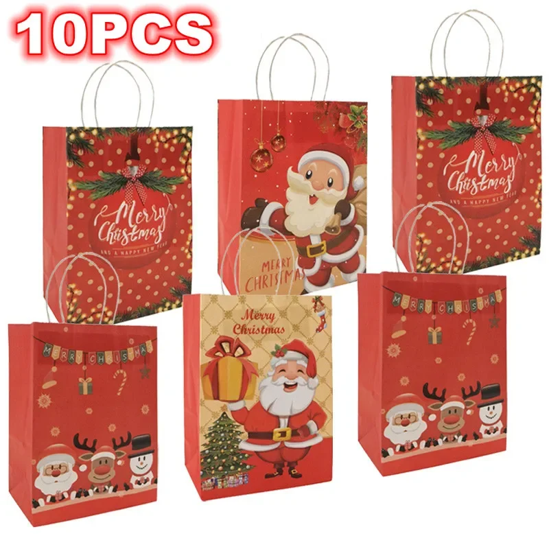 

10PCS Santa Claus Snowman Kraft Paper Bags Xmas Party Decor Candy Gift Handle Pakcaging Bag New Year Eve Merry Christmas Supplie