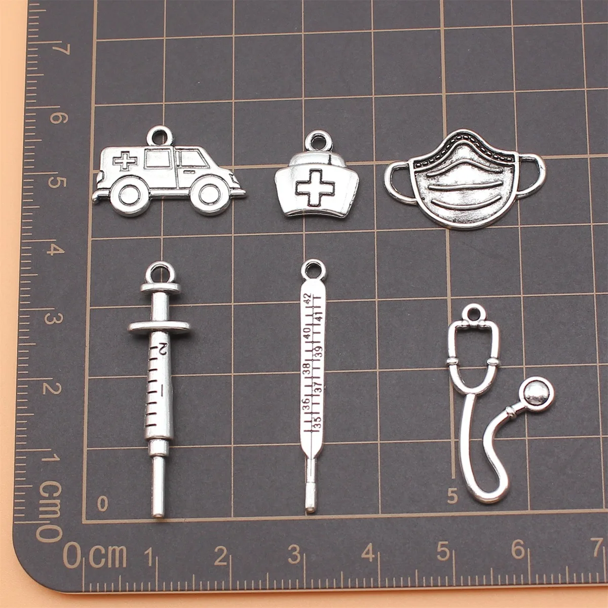 6pcs Medical Series Ambulance Medicine Kit Mask Syringe Thermometer Stethoscope Charms Collection, 6 Styles, 1 of Each