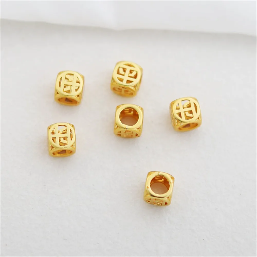 1PCS 18K Gold-Color Matte Gold Hollow Square Bead Bracelet, Jewelry Accessories, Peace, joy, 3-dimensional, 6mm