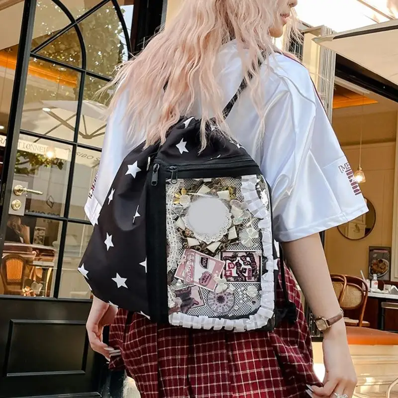 Y3NE Cartoon Themed Doll Nylon Drawstring Backpack Easy Access Closure Foldable Daypack Suitable for Travel and Short Trip