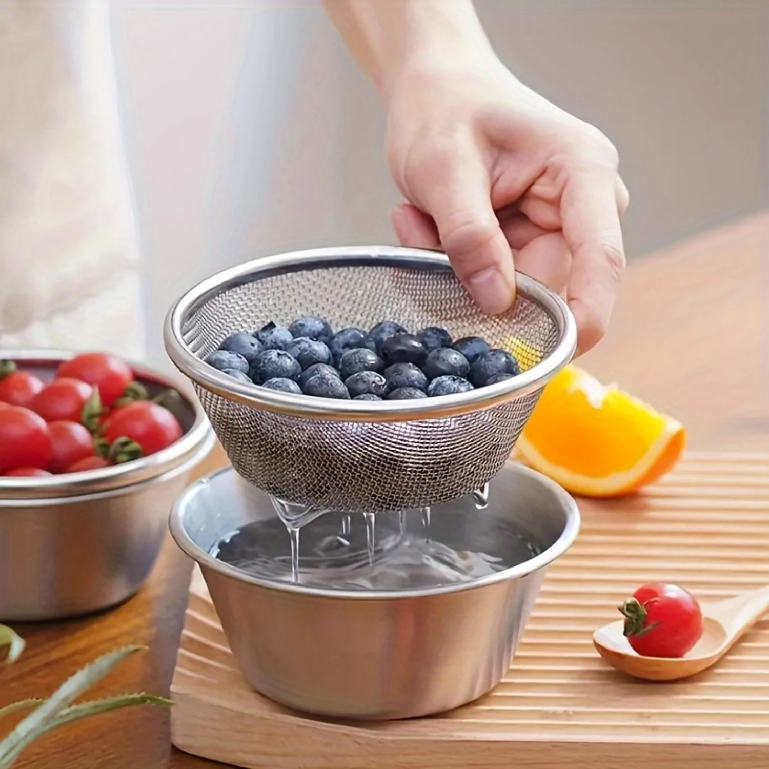 1 Set, Premium Stainless Steel Mini Drain Basket and Bowl - Reusable Strainer for Washing Fruits, Rice, and Vegetables - Durable