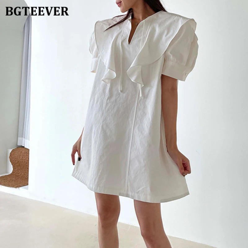 BGTEEVER Casual Ruffles Lace-up Mini Dress for Women Summer Puff Sleeve Women Short Dress Elegant Ladies Vestidos