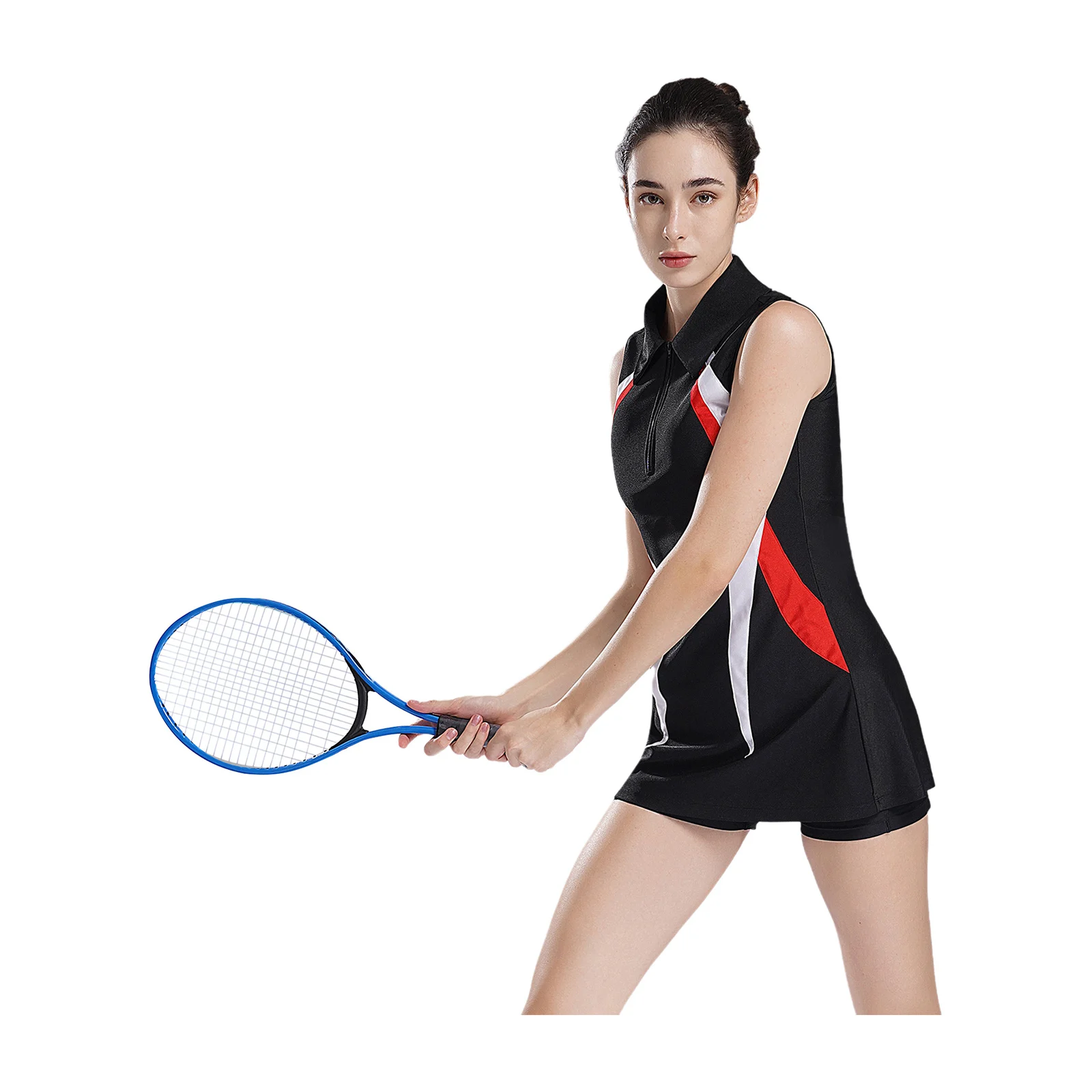 Women Tennis Dress Sleeveless Zipper Turn-down Collar Contrast Color Athletic Dresses Sportswear for Golf Badminton Training