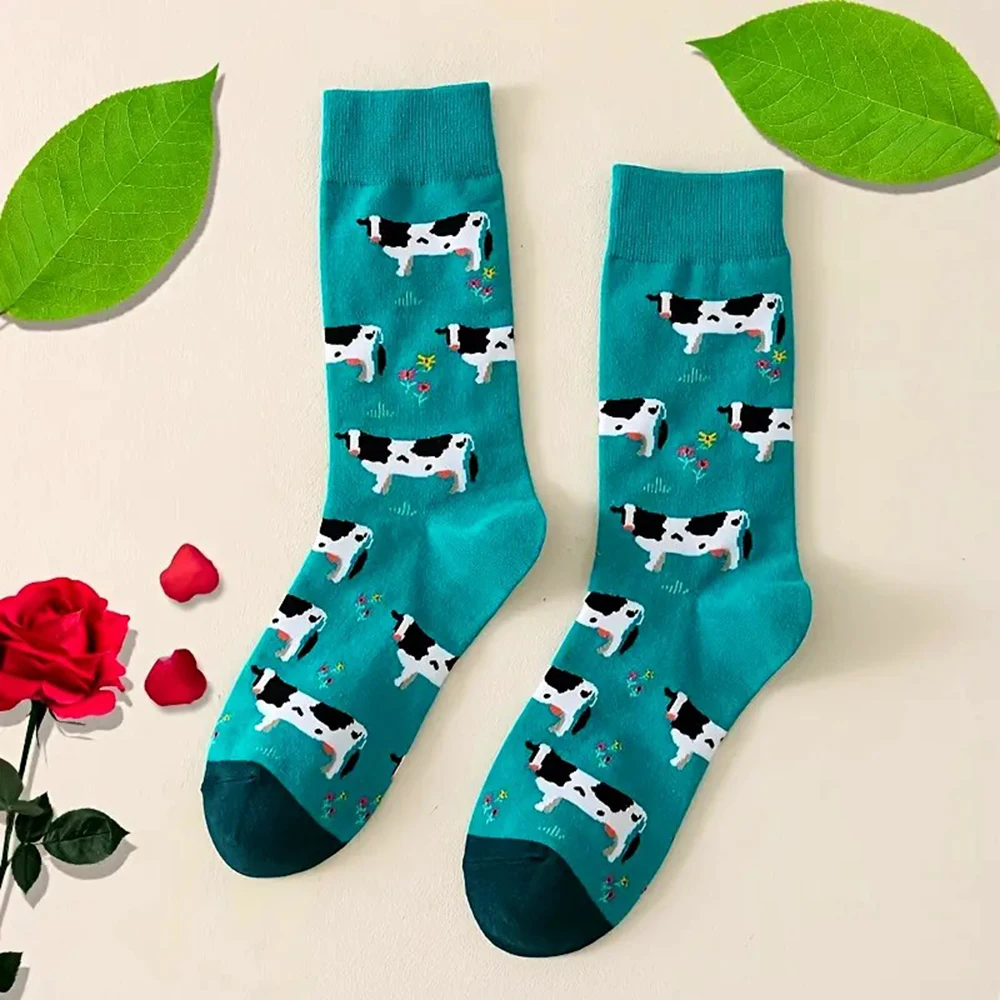 1 Pair Printed Women Mid Tube Socks Cute Cow Design Suitable For Casual Wear Comfortable Soft Moisture Wicking Breathable Socks