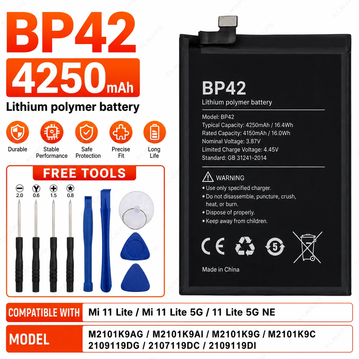 Replacement Phone Battery BP42 4250mAh for Xiaomi Mi 11 Lite Mobile Battery Pack High Capacity Stable Power Repair Part