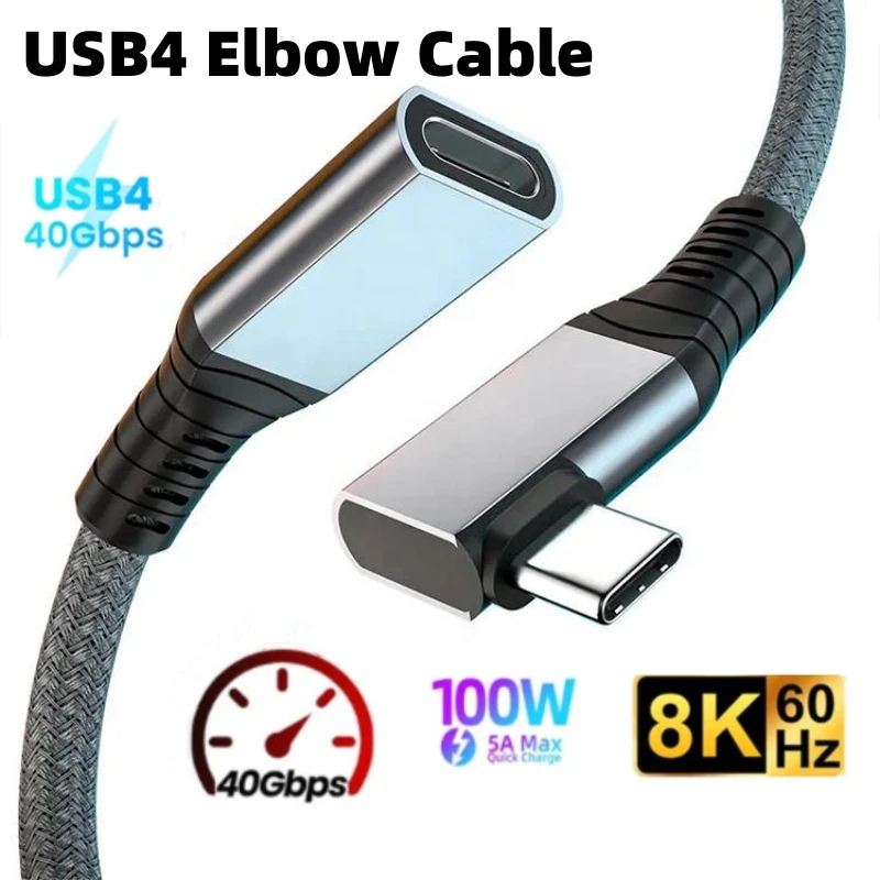 Elbow USB 4 Type-C Male to Female Extension Cord Right Angle USB4 Cable PD5A/100W 8K@60Hz 40Gbps Data Cable For Macbook Pro