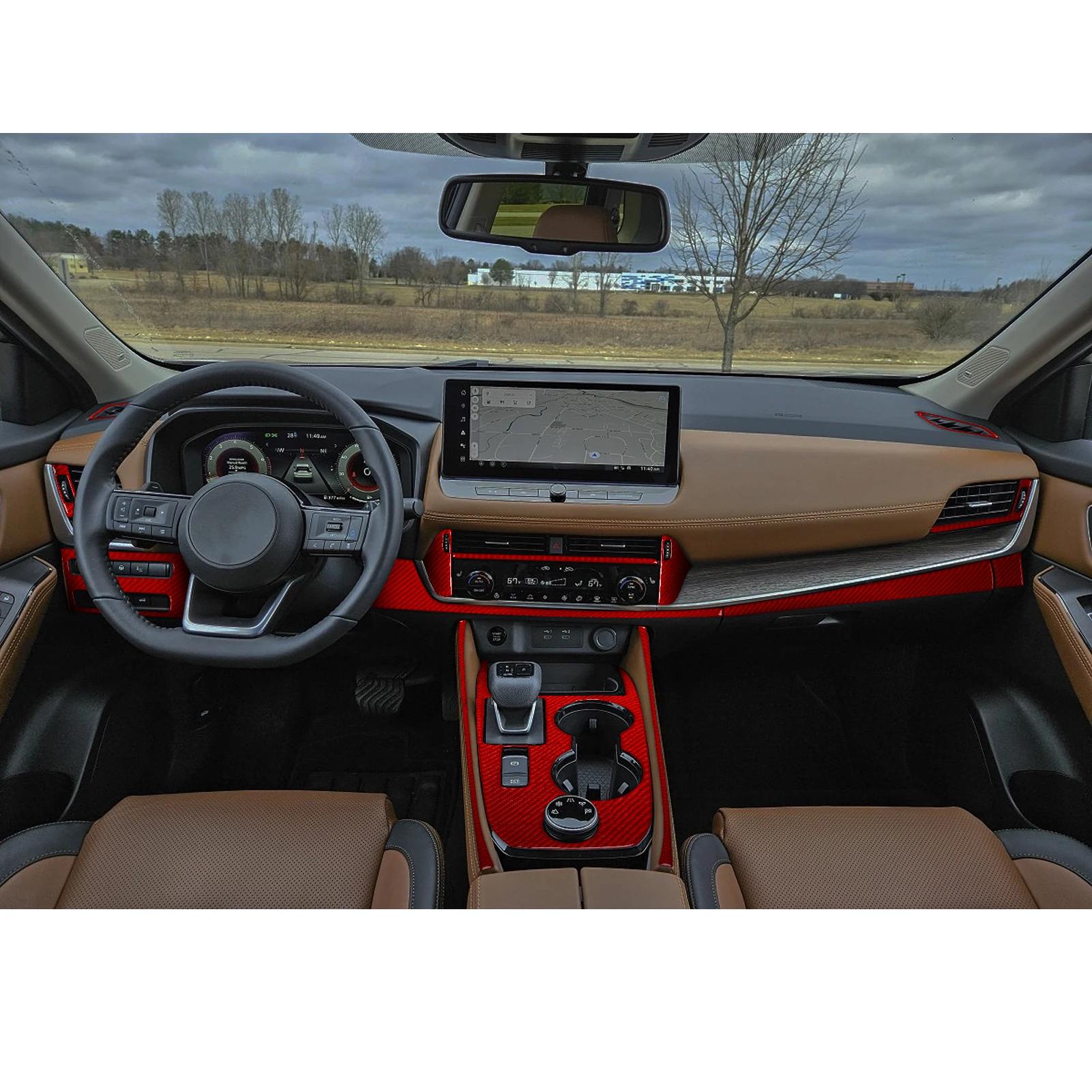 For Nissan rogue 2021-2024 Complete set of interior car decals Red Soft Carbon Fiber Car Interior Accessories Decoration Sticker