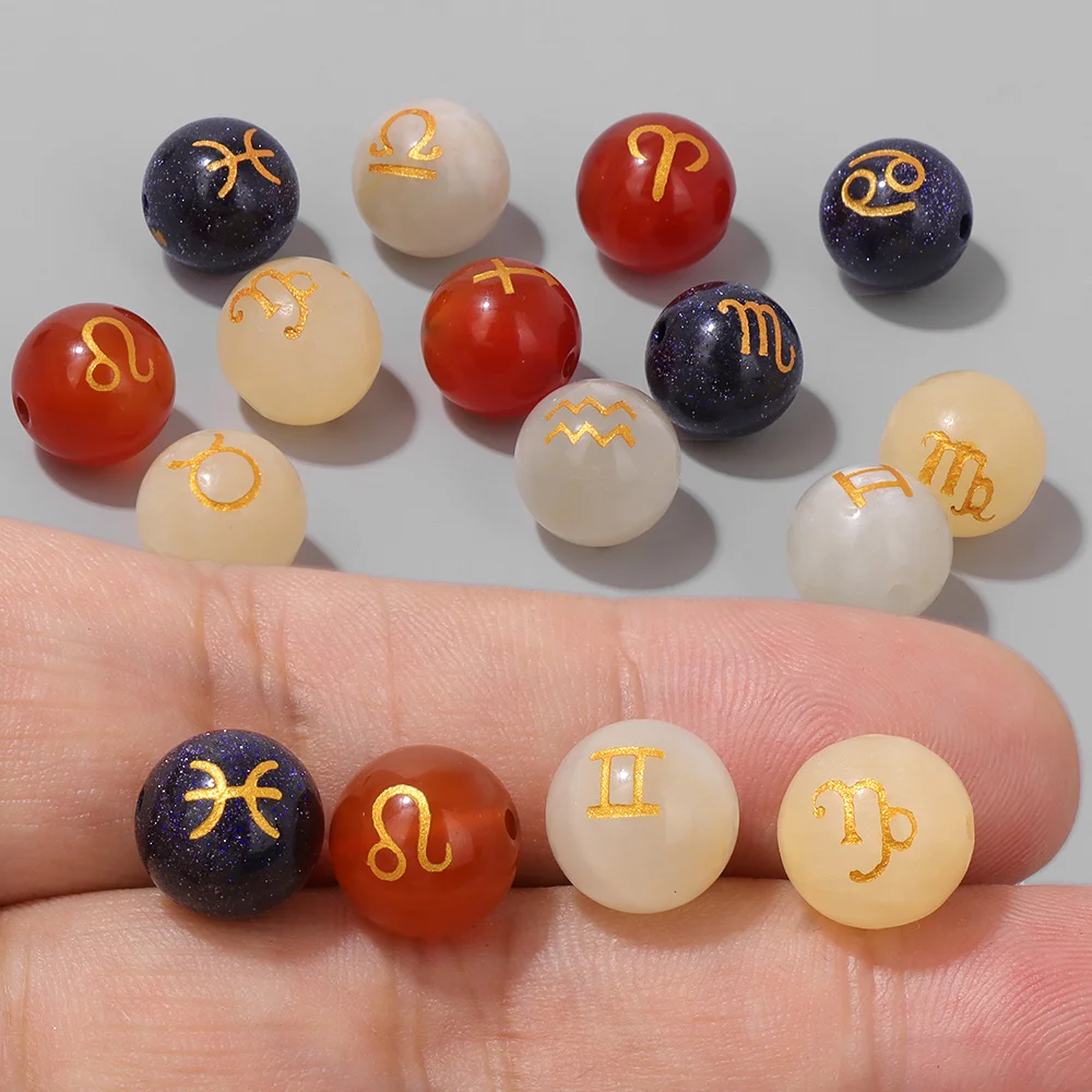 10Pcs 10mm Natural Round Stone Constellation Beads Polished Agates Blue Sandstone Moonstone Bead for Jewelry Making Accessories