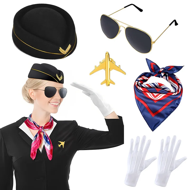 Stewardess Costume Accessories Suit Attendant Hat Pins Gloves Sunglasses Scarf Halloween Captain Cosplay Holiday Party Role-play