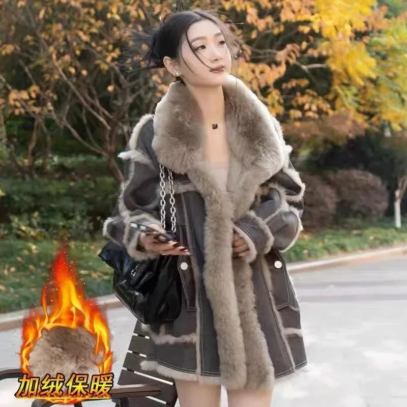 Plus Fleece Thickened Medium Long Fur Coat Ladies This Year's Popular New Winter Coat Loose and Thin Big Pocket Simple and Warm