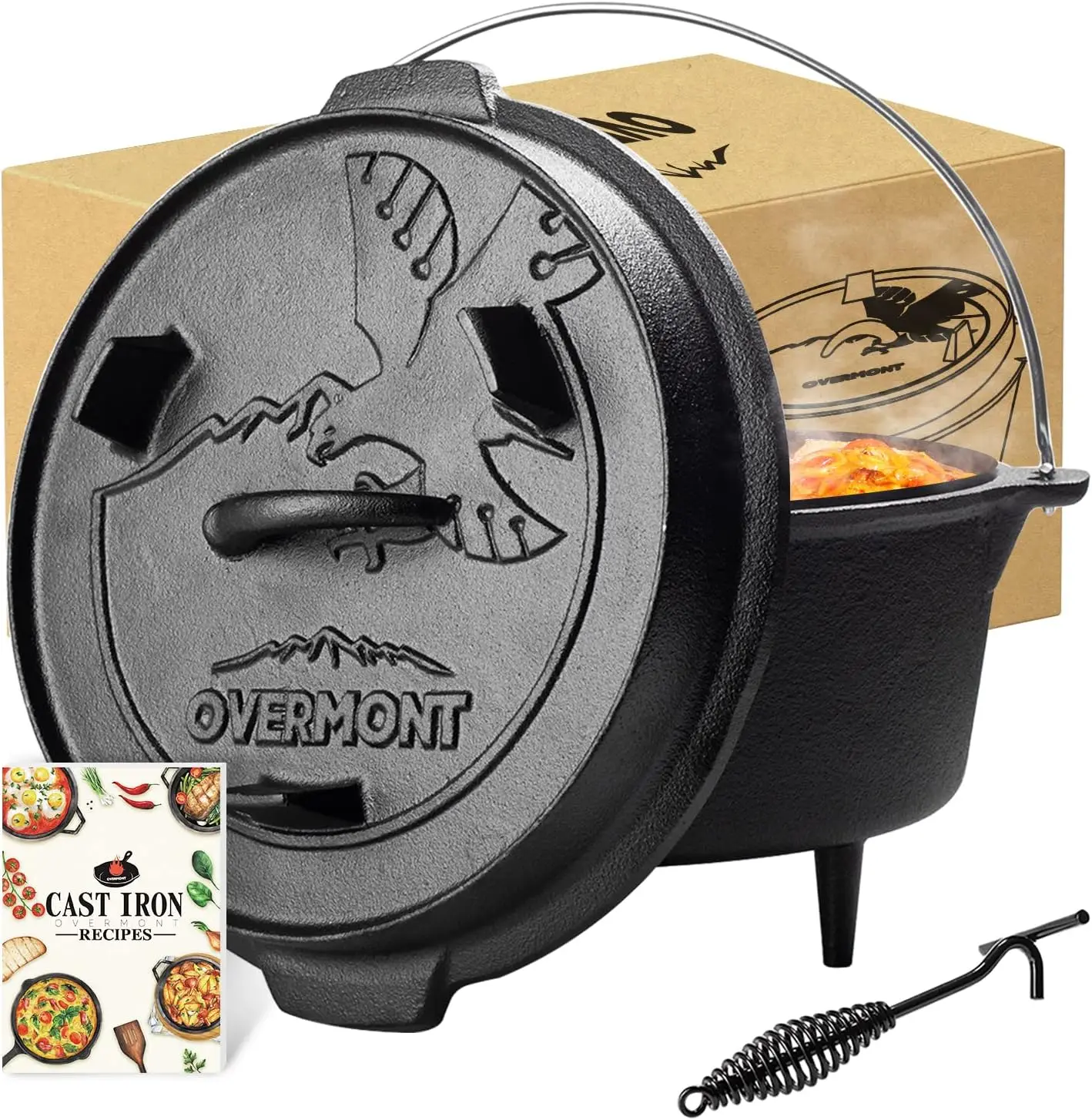 

Чугунная жаровня с крышкой и подъемником для крышки, 6QT, для кемпинга, барбекю, выпечки
