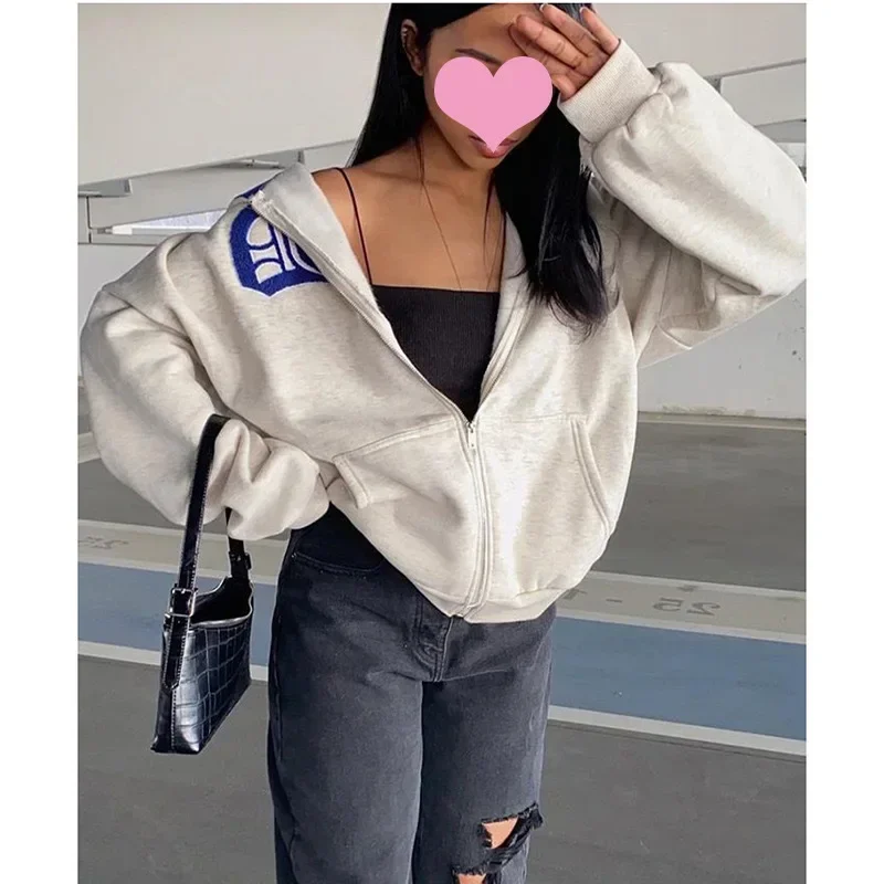Zip Up Hoodies Women Goth Letter Print Oversized Jackets Autumn Winter Harajuku Hip Hop Streetwear Hooded Sweatshirts Y2k