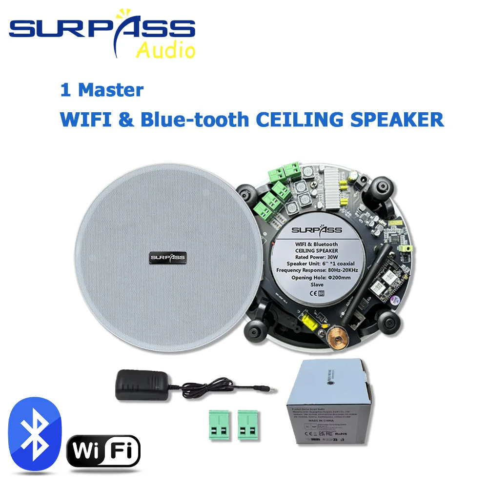 WiFi Ceiling Bluetooth Speaker with Removable Mesh Hood 40W 6-Inch Music Speaker Embedded Installation for Living Room Kitchen