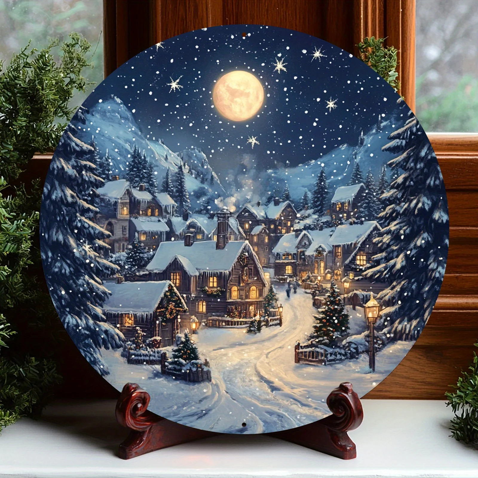 1 Stück Vintage Aluminium rundes Schild, Winternacht Schnee Dorf Szene, Wandbehang Dekor, Mehrzweck 8x8 Zoll Metallkranz, kein Ele