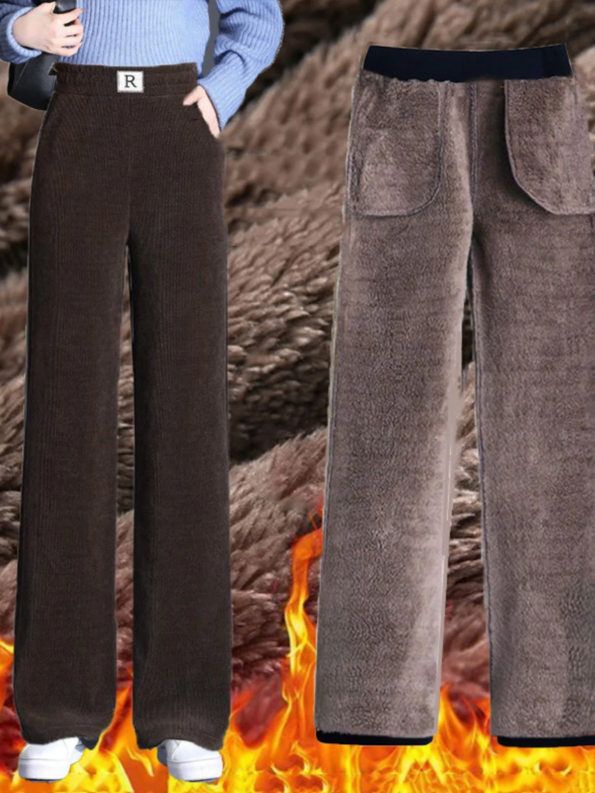 여성용 하이웨이스트 안감 있는 허리밴드 하란 루즈 스트레이트 팬츠 캐주얼 바지 한국 스타일 와이드 팬츠