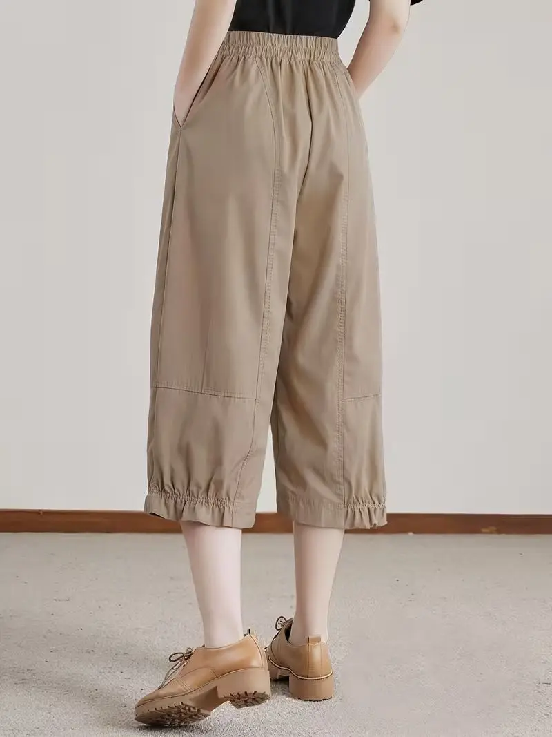 Women's Fashion Casual 7‑Point Wide‑Leg Pants, Solid Color Elastic High‑Waist with Pleated Cuffed Hem, Loose‑Fit Design