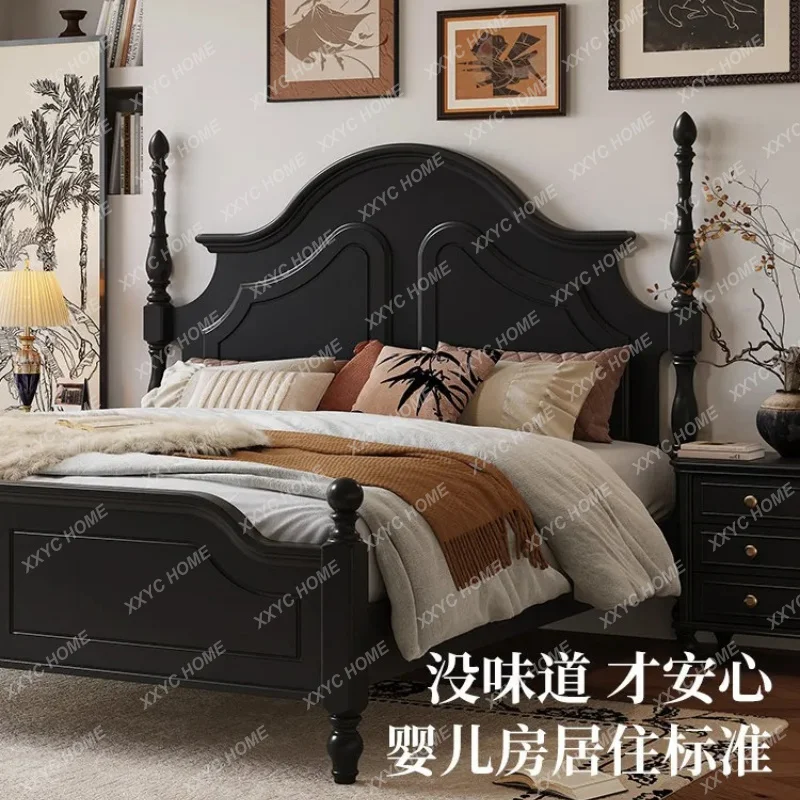 

L retro solid wood bed master bedroom double bed bedroom cherry wood black 1.8 meters wedding bed